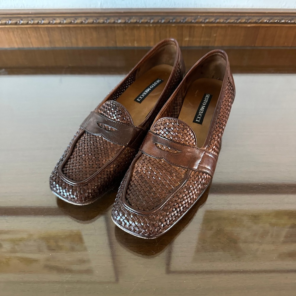 Sesto Meucci Brown Woven Leather Penny Loafers Made in Italy Size 6M